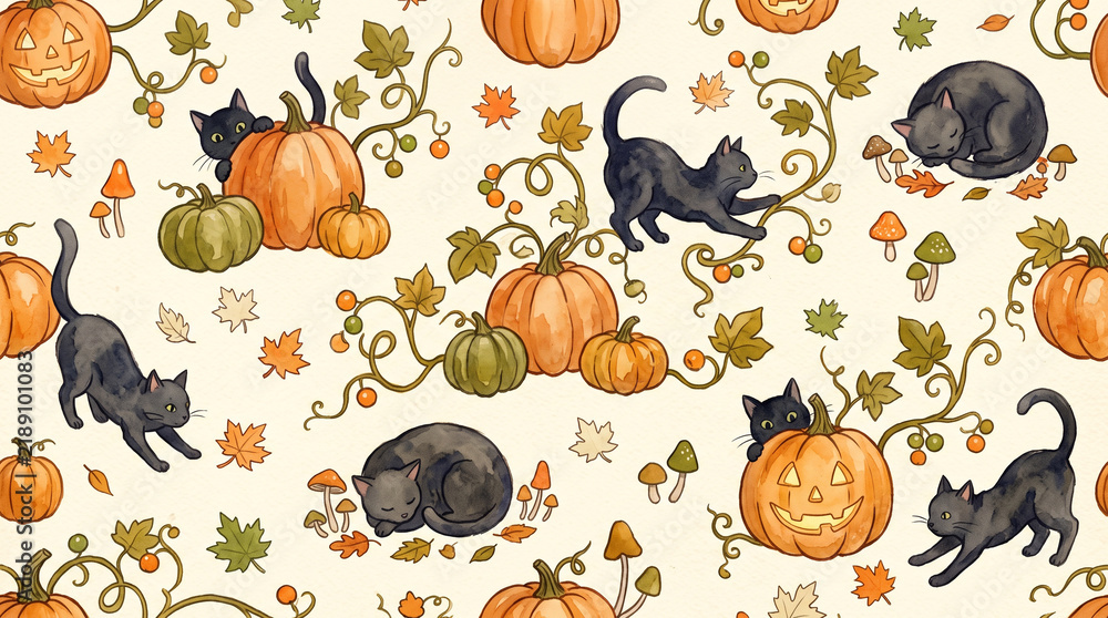 Obraz premium Cute watercolor halloween seamless pattern with black cats, jack o lanterns, autumn pumpkins, mushrooms and fall leaves on light background
