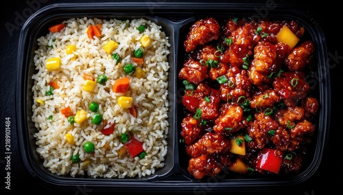 Portion of fried rice and chicken in black plastic container