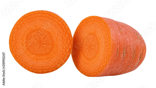 Konstfotografi Fresh orange carrot slice and half showing internal texture, isolated on transpa