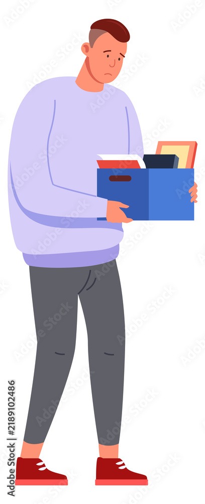 Fototapeta premium Sad man with stuff in box. Fired person character