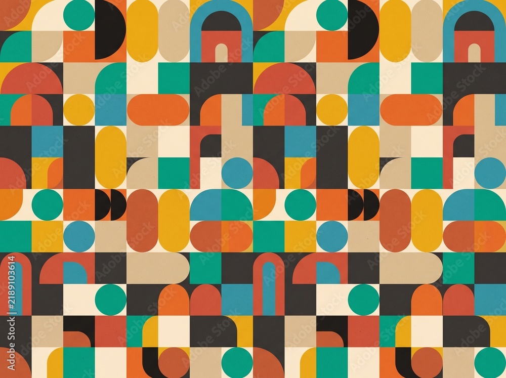 Mid Century Modern Geometric Pattern Background with Retro Mustard Teal Terracotta and Charcoal Shapes