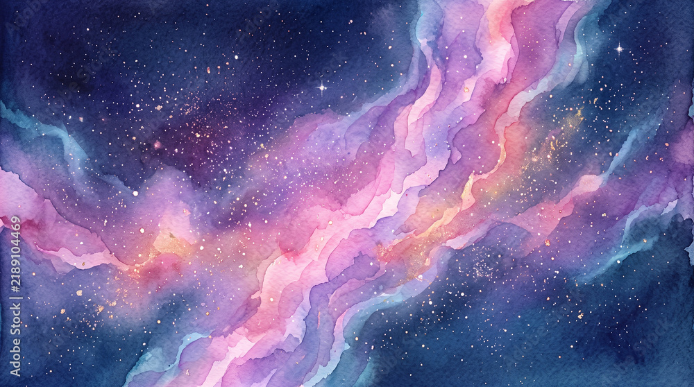 Fototapeta premium Watercolor space background with a nebula and stars, painting of a colorful galaxy, purple, pink, and blue cosmic gas clouds