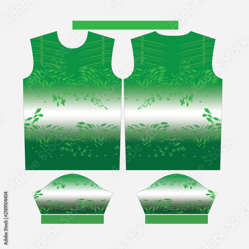 Green Fishing Jersey Vector Design Apparel Template Mockup Flat Lay Set with Fish Print Pattern Sleeves and Collar Pattern Cut Out for Custom Sublimation Printing