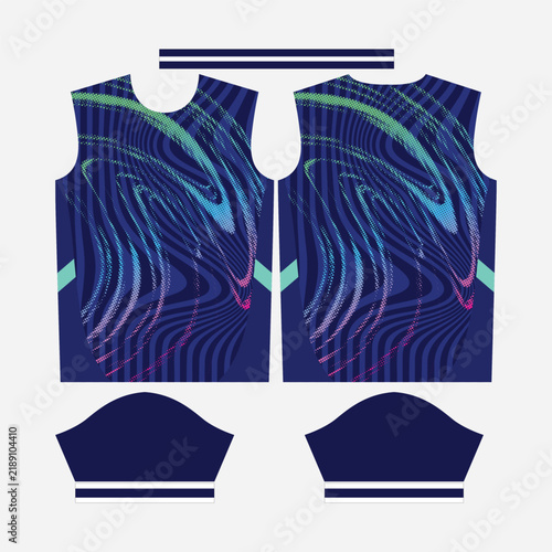 Blue Abstract Wave Halftone Sports Jersey Vector Design Apparel Template Mockup Flat Lay Set with Sleeves and Collar Pattern Cut Out for Custom Sublimation Printing