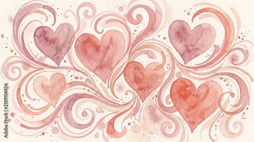 Watercolor illustration of romantic hearts with elegant swirling lines and soft pink and red paint splashes on a textured paper background