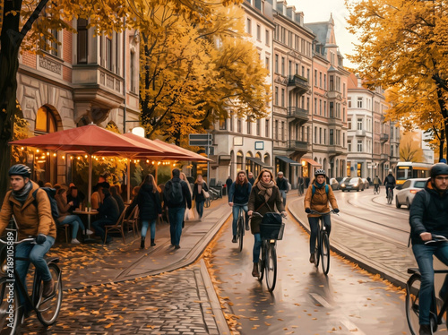 People riding bicycles along a charming European city street during the autumn season with vibrant yellow leaves
