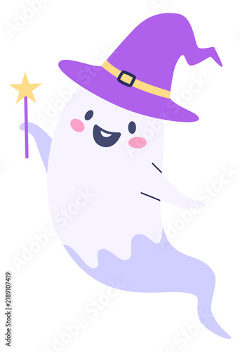 Obraz na plátně Cute ghost witch in hat with magic wand cartoon character