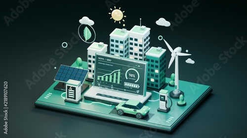 3D Smart Energy Management Concept with Renewable Power, Smart City and Sustainable Technology Animation
