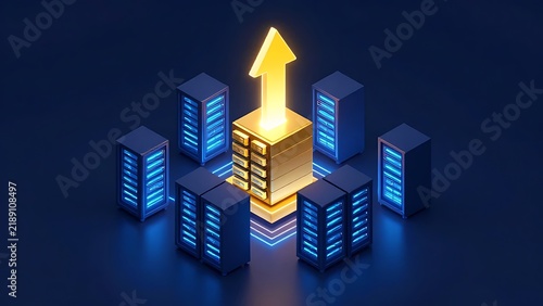 3D isometric data center server racks with a glowing yellow upward growth arrow representing cloud computing and network infrastructure optimization