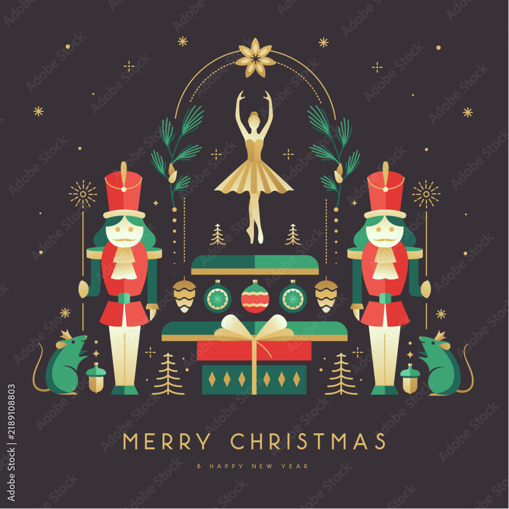 Obraz premium Modern Christmas poster, banner or holiday greeting card with nutcrackers, ballerina, mouse king, Christmas tree and baubles. Flat design. Vector illustration