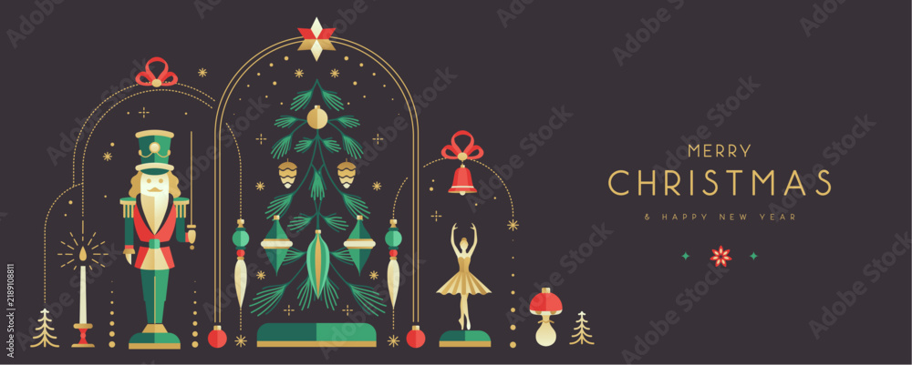 Obraz premium Modern Christmas poster, banner or holiday greeting card with nutcracker, ballerina, Christmas tree and baubles. Flat design. Vector illustration