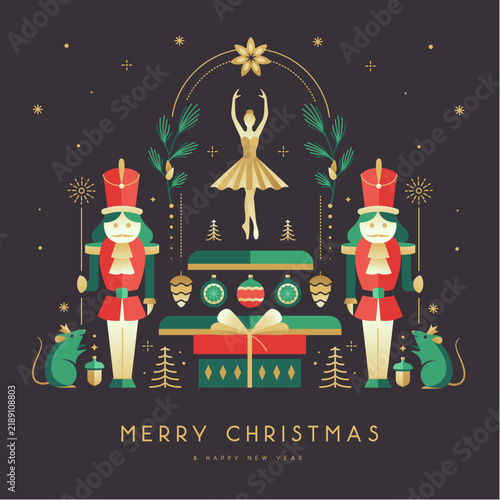 Modern Christmas poster, banner or  holiday greeting card with nutcrackers, ballerina, mouse king, Christmas tree and baubles. Flat design. Vector illustration