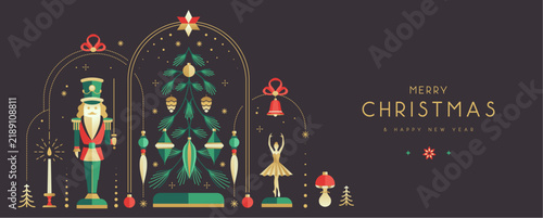 Modern Christmas poster, banner or holiday greeting card with nutcracker, ballerina, Christmas tree and baubles. Flat design. Vector illustration