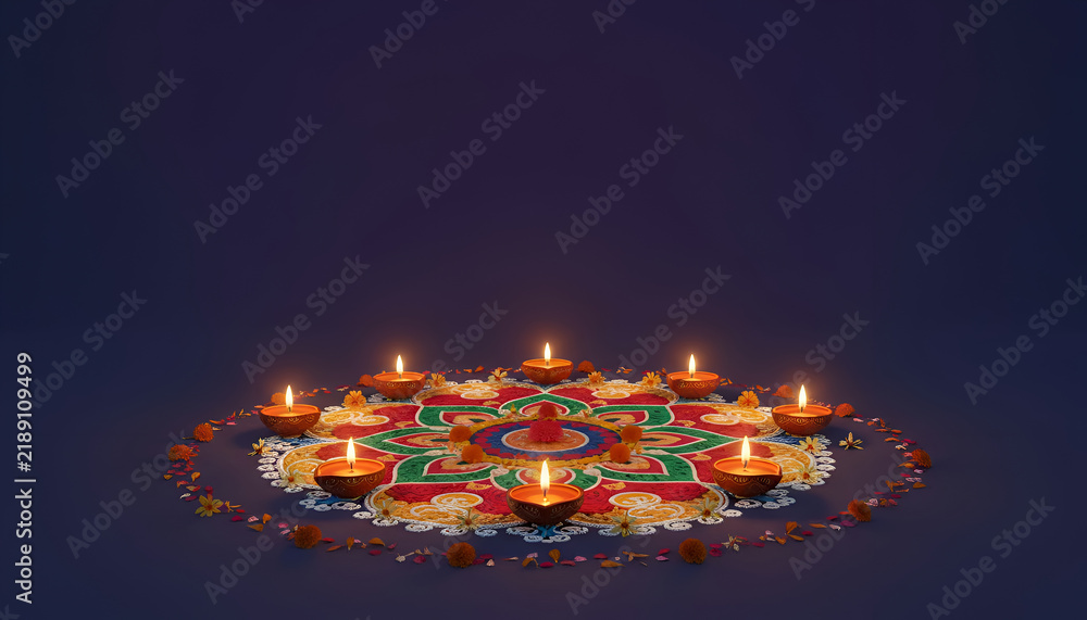 Fototapeta premium Traditional diwali diya lamps glowing on a colorful decorative rangoli pattern background with oil lamp festival lights dark background decorative art