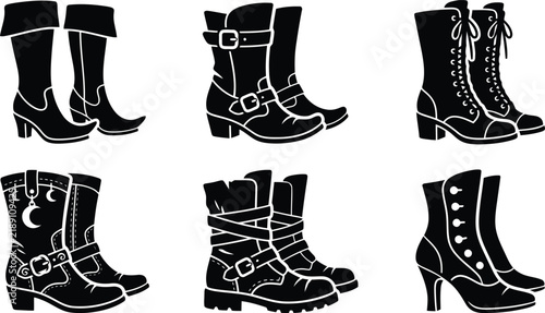 Obraz na plátně Collection of stylized boot silhouettes in black and white against a neutral bac