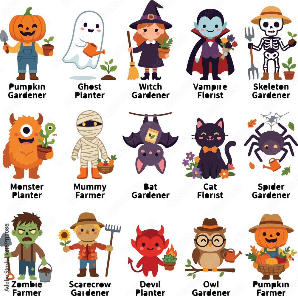 Obraz premium Halloween gardening characters set, 15 cute monster gardener and farmer icons, spooky autumn harvest vector collection for seasonal decor isolated on White Background Halloween ,Editable Eps