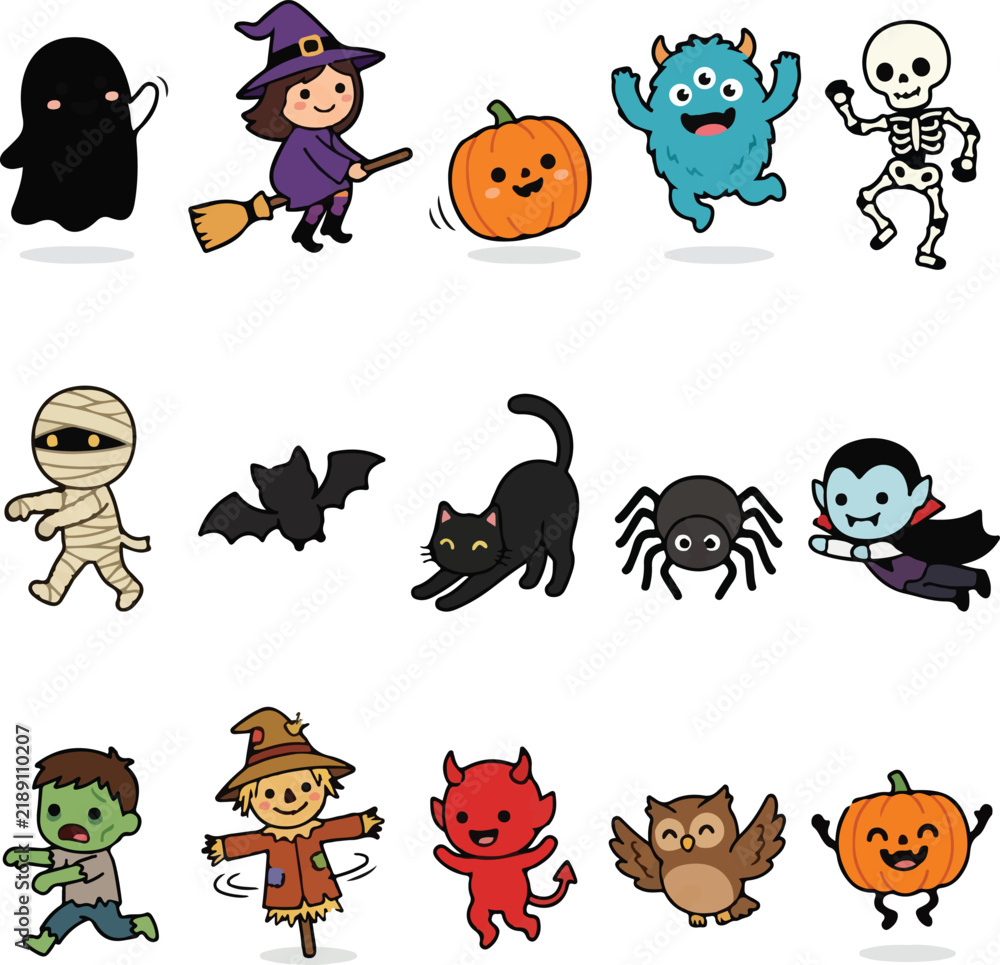 Fototapeta premium Kawaii Halloween characters vector set, cute spooky monsters and spooky creatures collection, 15 hand drawn cartoon icons for autumn holiday isolated on White Background Halloween ,Editable Eps