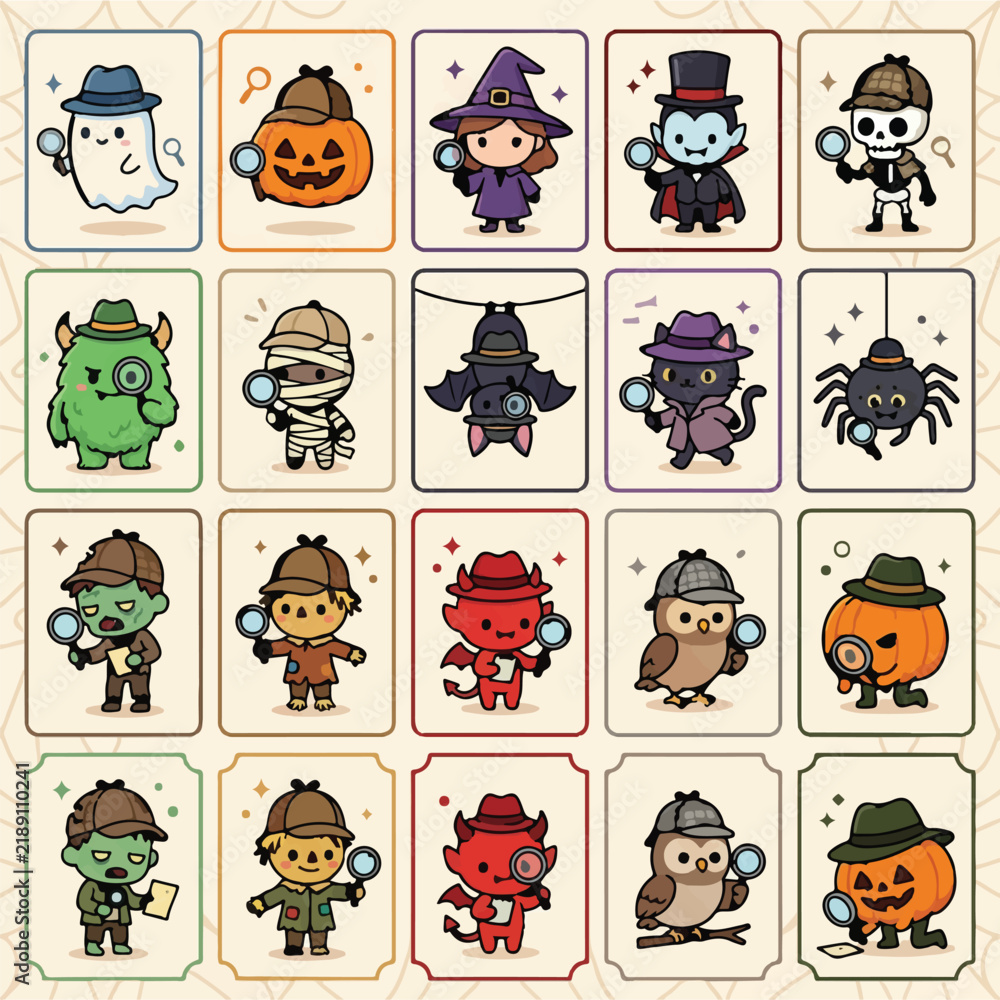 Obraz premium Kawaii Halloween detective monsters collection, 20 cute spooky character icons with magnifying glasses, cartoon mystery investigator vector set isolated on White Background Halloween