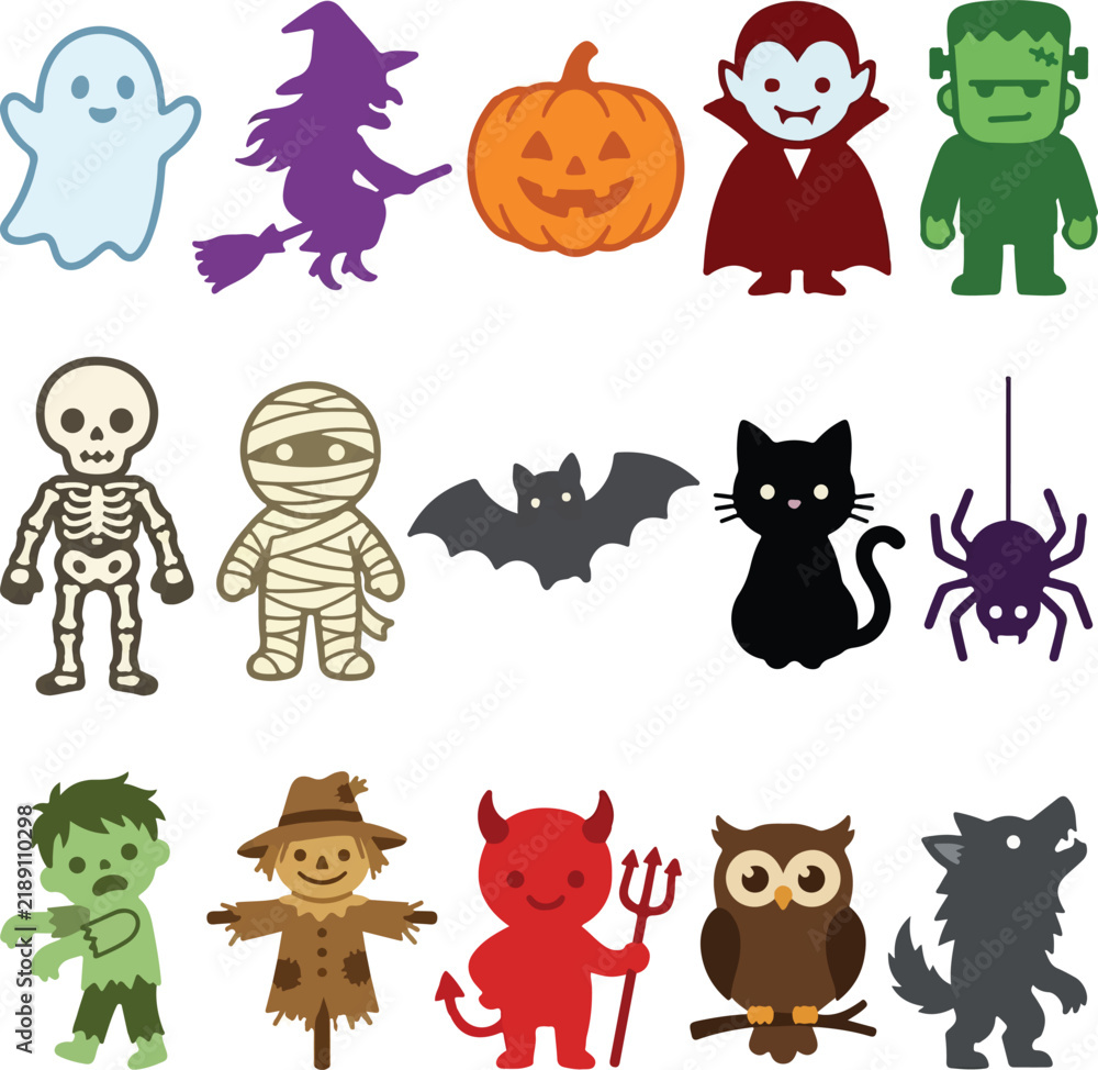 Obraz premium Halloween character vector set, 15 spooky cartoon icons, cute monster and ghost illustrations for holiday party invitations and decor isolated on White Background Halloween ,Editable Eps