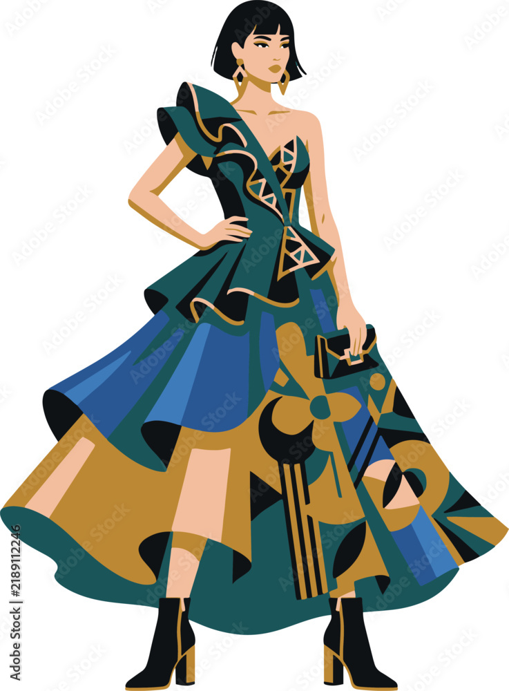 Fototapeta premium Elegant Fashion Gown - Woman in Teal and Gold Geometric Print Ball Gown Illustration