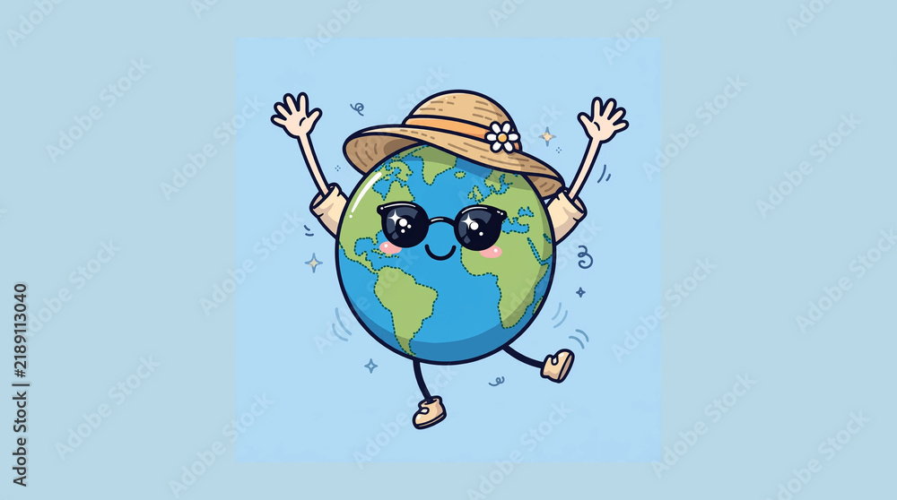 Obraz premium Cute Earth Character Enjoying Summer Vacation With Sunglasses and Straw Hat