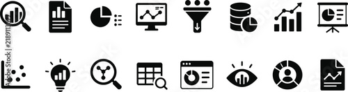 A set of modern monochrome icons illustrating data analysis business intelligence research and contemporary technology related ideas and concepts for professional projects