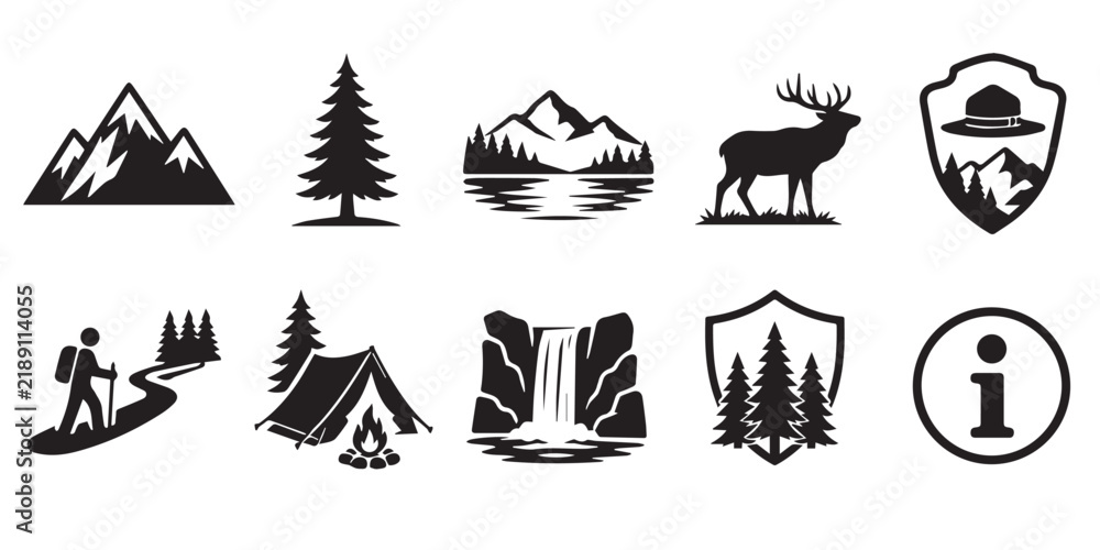 Fototapeta premium Set of black camping and outdoor adventure icons featuring mountains, wildlife, and hiking symbols. A collection of flat vector icons representing wilderness exploration, camping activities 