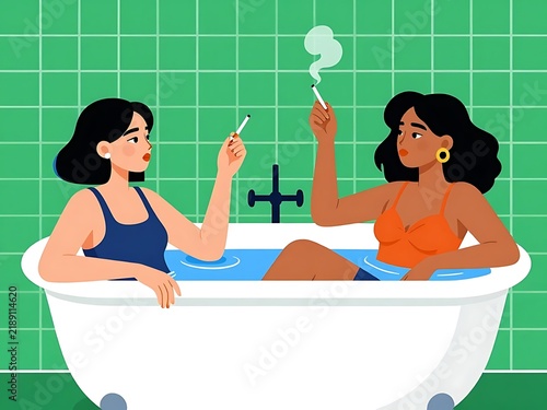 Flat vector style illustration of two stylish diverse women relaxing together in a bubble bathtub while smoking cigarettes in a tiled bathroom