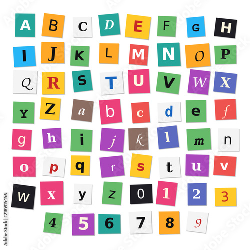 Multicolored square paper cutouts with alphabet letters and numbers arranged in neat rows typography
