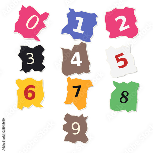 Torn edge colorful paper cutouts displaying digits from zero to nine on a clean white background numbers