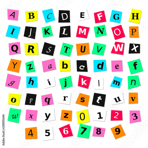Ransom style alphabet and numbers collage with vibrant colorful square paper pieces and letters