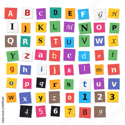 Square ransom note alphabet with solid colored paper cutouts of letters and numbers on white background