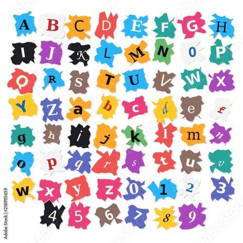 Torn paper pieces with ransom note style alphabet letters and numbers scattered on white background typography