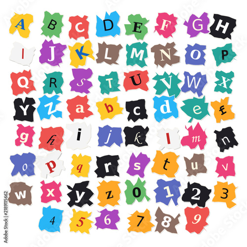 Torn paper ransom note alphabet and numbers set with jagged edges, isolated on a white background, ripped edges