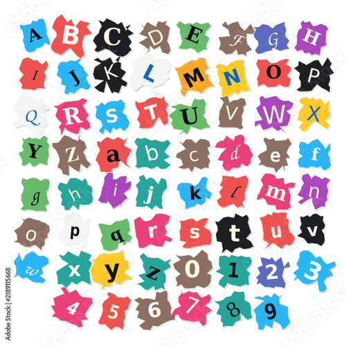 Torn paper ransom note alphabet with jagged ripped edges and cutout letters and numbers on white background