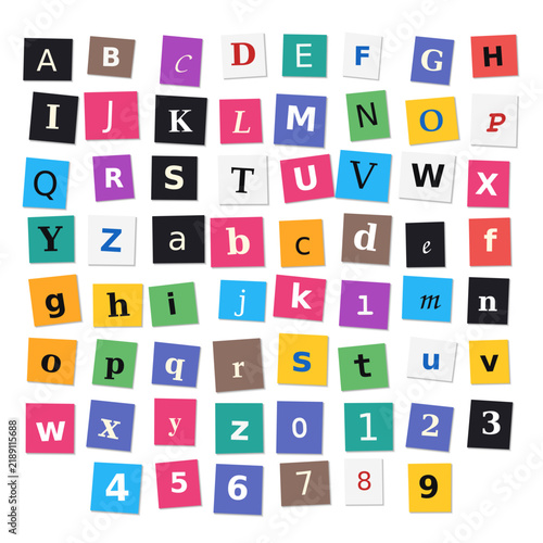 Vibrant multicolored square paper cutouts displaying alphabet letters and numbers on white typography