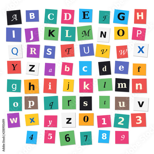 Vibrant ransom note alphabet and numbers set on colorful square paper pieces, isolated on white background