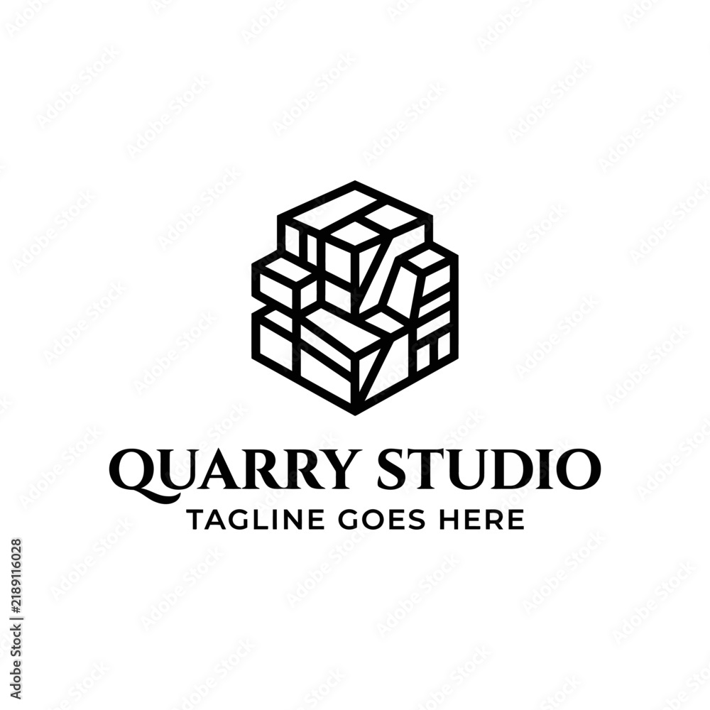 Fototapeta premium Geometric cube logo composed of irregular stone blocks.