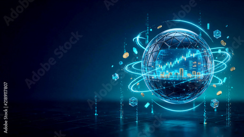 Futuristic trading glowing sphere presenting metaverse business investment ecosystem on decentralized network illustration in cyber dark blue space side view
