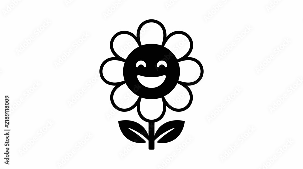 Fototapeta premium A cute black and white flower icon with a happy smiling face.