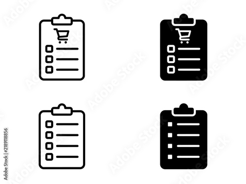 Set of shopping cart and document clipboard icons in outline and solid