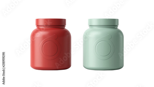Fotografie Two matte plastic supplement bottles one red and one mint green, isolated on tra