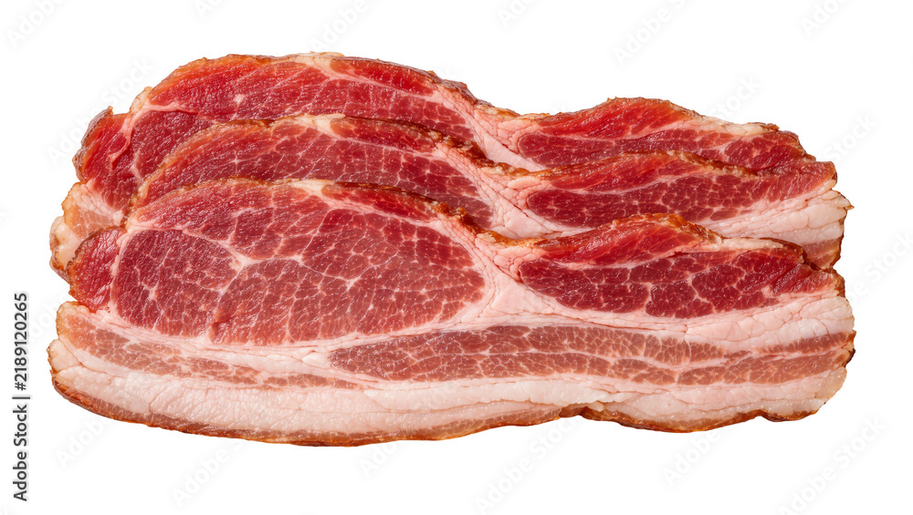 Fototapeta premium Raw streaky bacon slices with marbled fat and lean meat, isolated on transparent background
