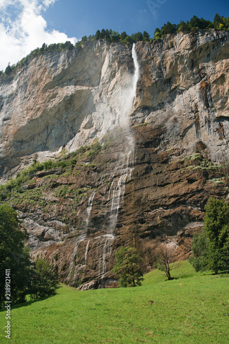 Staubbach Waterfall Cascading from Mountain Cliff Rim in Lauterbrunnen Valley Bernese Oberland Switzerland