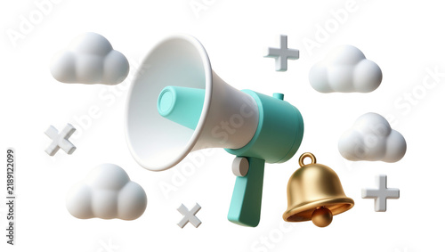 3D rendering of a teal and white megaphone with a golden bell surrounded by clouds and plus signs, isolated on transparent background