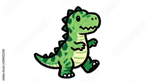 Cute green cartoon dinosaur walking, isolated on transparent background