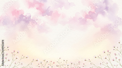 Beautiful watercolor background with soft pastel clouds and delicate small flowers at the bottom border
