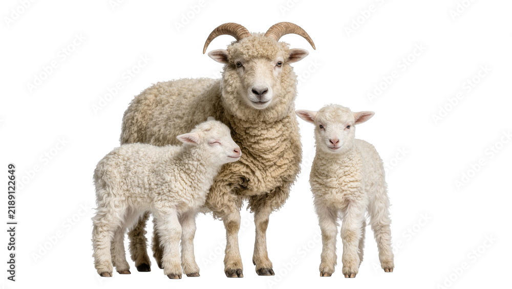 Obraz premium Adult sheep with curved horns and two fluffy lambs, isolated on transparent background