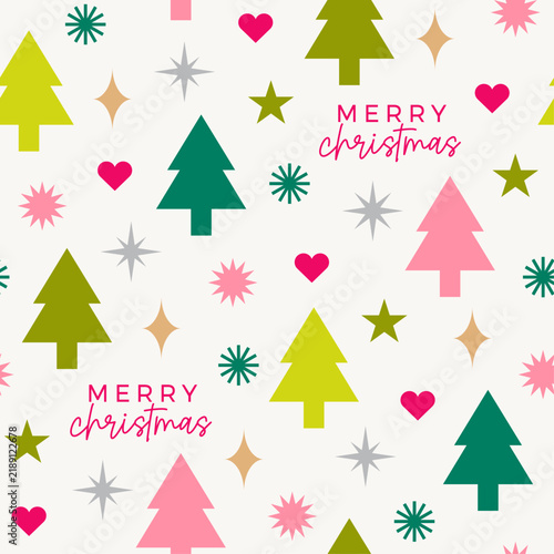 Geometric pine tree and star seamless pattern design for Christmas and new year background.