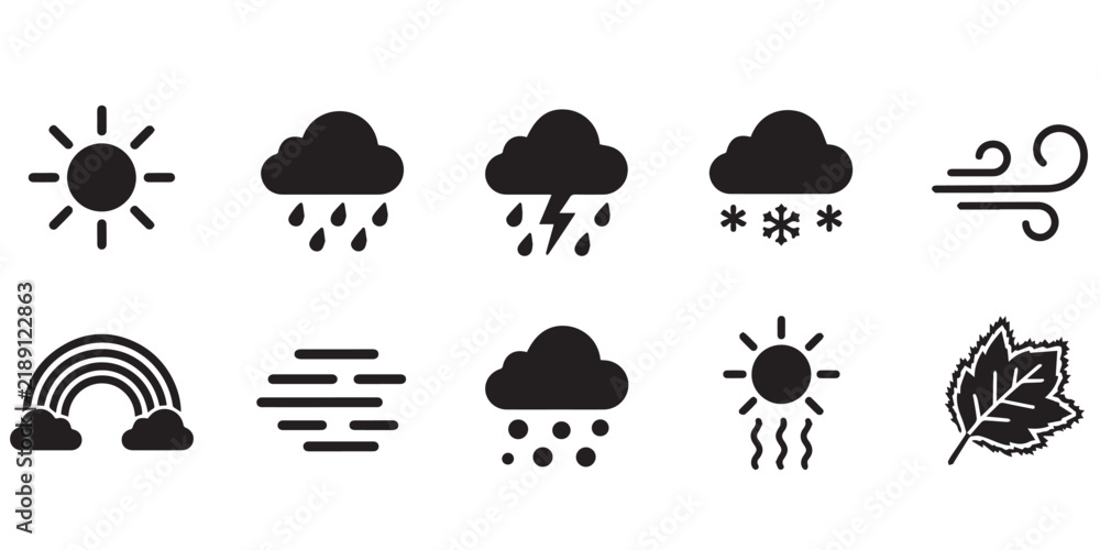 Obraz premium Set of black weather icons featuring sun rain storm snow wind rainbow fog and leaf symbols. A collection of minimalist weather forecast symbols in a flat vector style for digital interfaces.